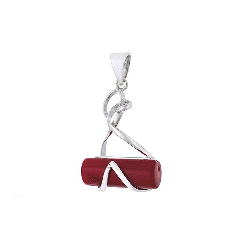 Ciekawy wisiorek ze srebra próby 925 z dużym wałeczkiem czerwonego koralu.