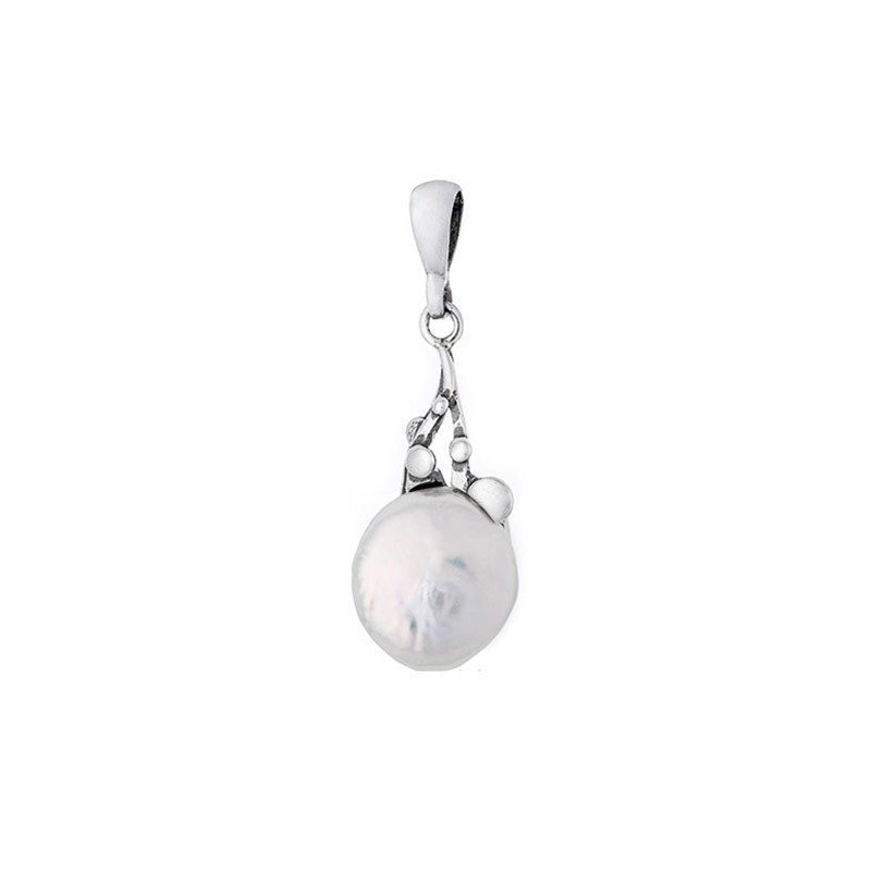 Piękny dłuższy wisiorek ze srebra 925 z naturalną okrągłą perłą w kształcie guzika.