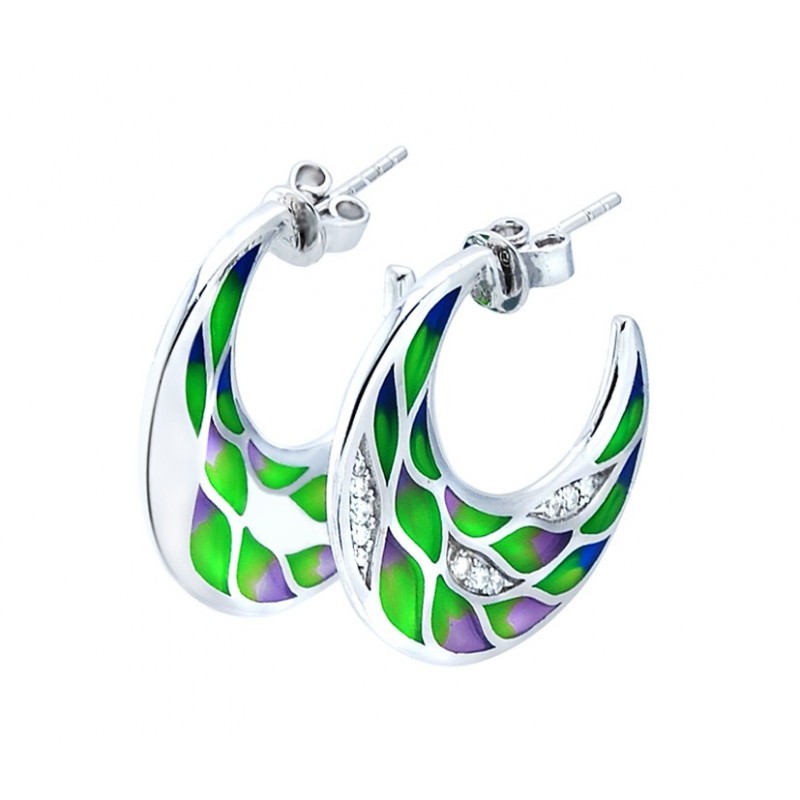 Piękne wiszące kolczyki ze srebra 925 o okrągłym kształcie z kolorowa emalia i cyrkoniami.