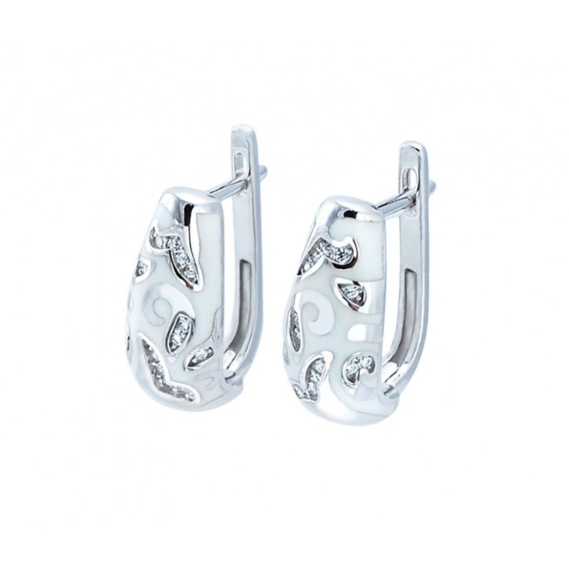 Piękne kolczyki ze srebra próby 925 z białą emalią i cyrkoniami.