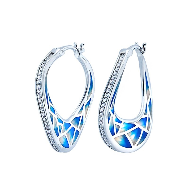 Piękne wiszące  kolczyki ze srebra próby 925  z kolorowa emalia i cyrkoniami.