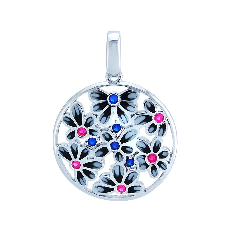 Piękny, okrągły, większy wisiorek ze srebra 925 z kolorowa emalią i cyrkoniami.