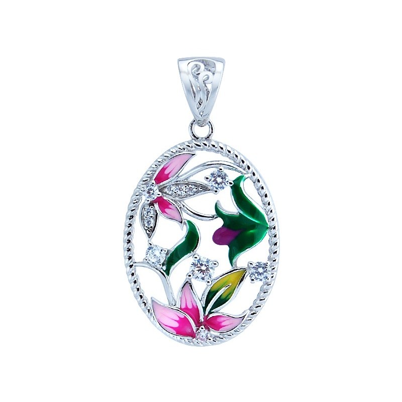 Śliczny okrągły wisiorek ze srebra 925 z kolorowymi kwiatkami z emalia i cyrkoniami.
