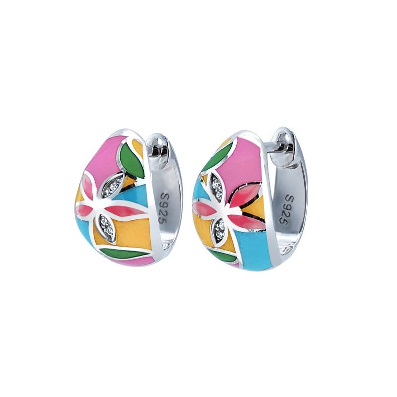 Piękne kolczyki ze srebra próby 925 z kolorowa emalią i cyrkoniami.