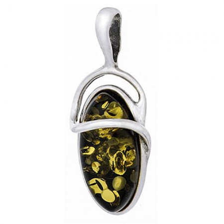 Piękny wisiorek w lekko wydłużonym kształcie ze srebra próby 925 z bursztynem w kolorze zielonym.