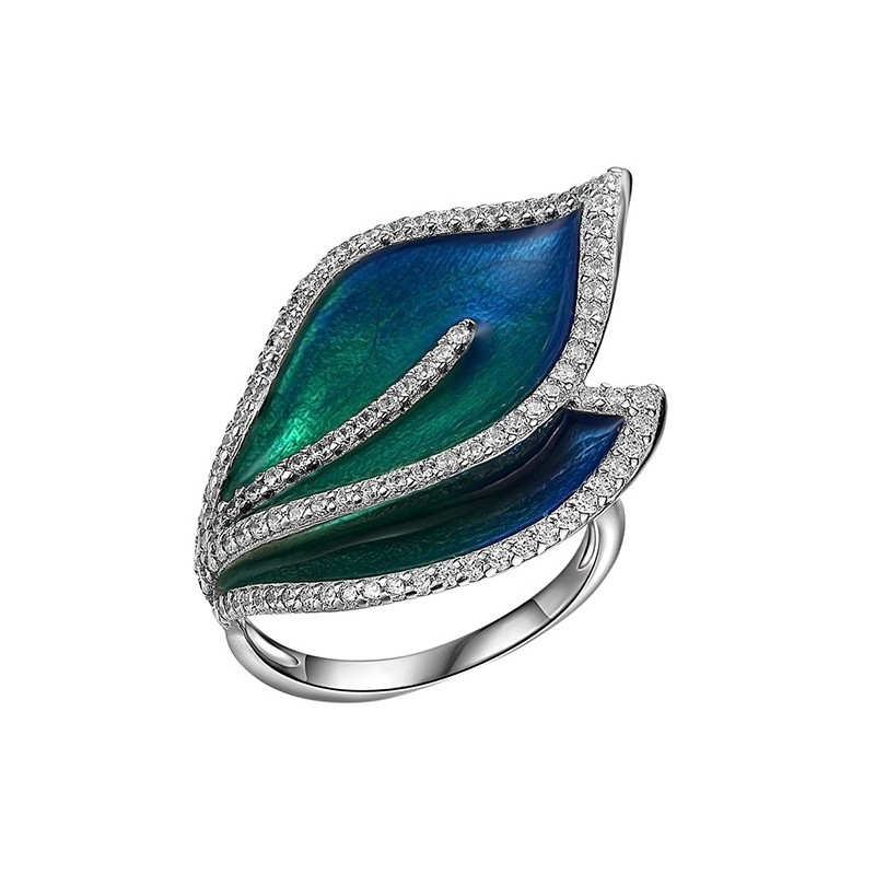 Piękny pierścionek o kształcie listków ze srebra 925 malowany ręcznie emalią i ozdobiony cyrkoniami.