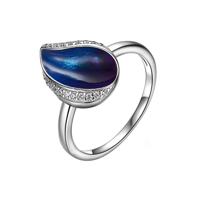 Piękny pierścionek ze srebra 925 z cyrkoniami i ręcznie malowana emalią w odcieniach niebieskich.