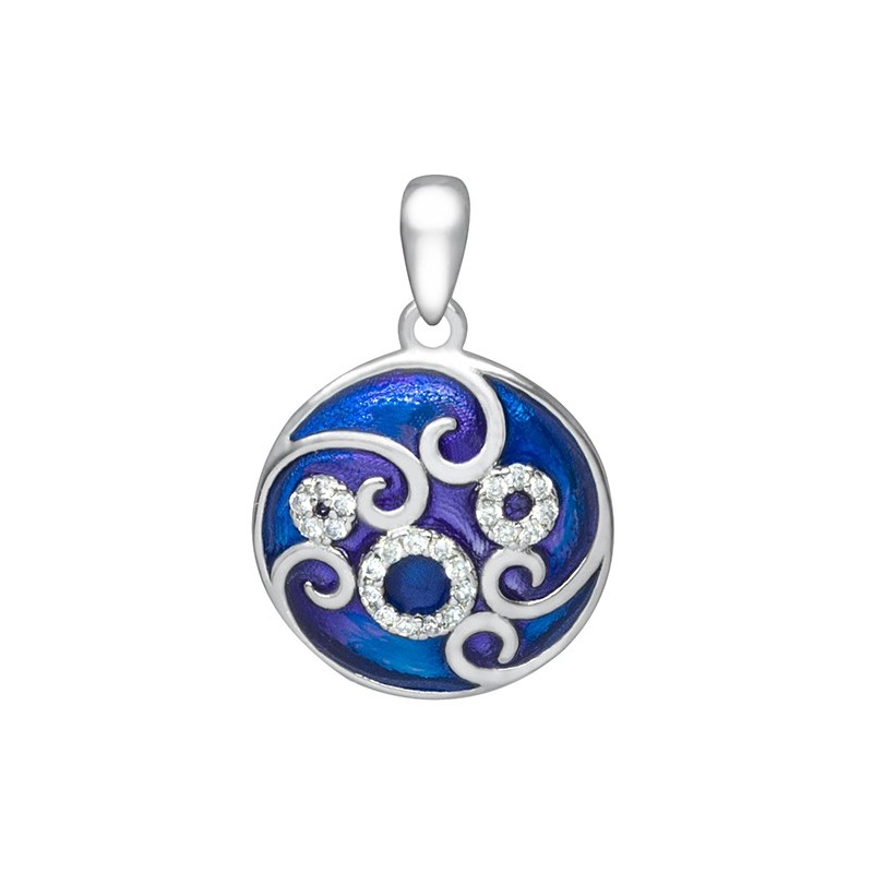 Piękny okrągły wisiorek ze srebra 925 z kolorowa emalią i cyrkoniami w niebieskich odcieniach.