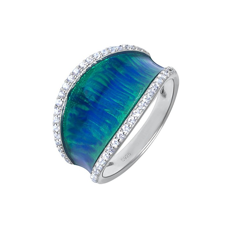 Pierścionek ze srebra próby 925 ręcznie malowany emalią w niebieskich kolorach i cyrkoniami.