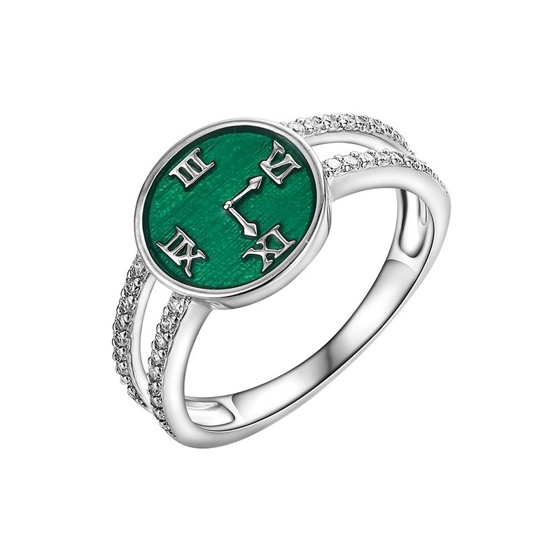 Piękny pierścionek ze wzorem tarczy zegara z ręcznie malowaną zieloną emalia i cyrkoniami.