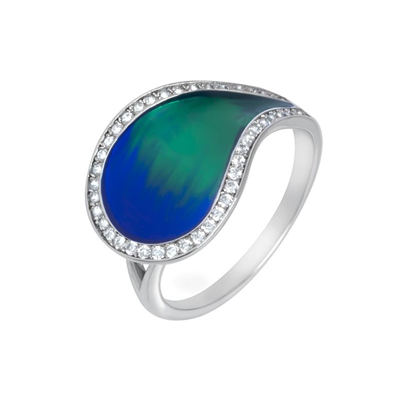 Piękny pierścionek o kształcie łezki ze srebra 925 ręcznie malowany kolorową emalią i cyrkoniami.
