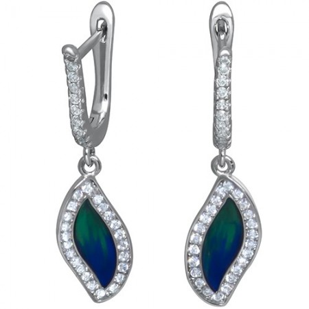 Piękne dłuższe kolczyki ze srebra 925 z niebieską-zieloną emalią i cyrkoniami.
