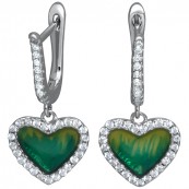 Piękne dłuższe kolczyki serca ze srebra 925 z zieloną emalią i cyrkoniami.