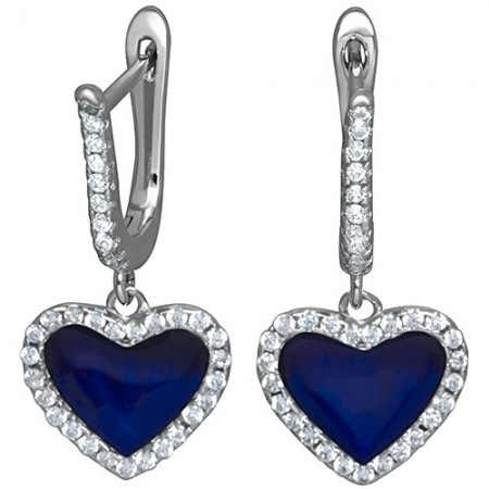 Piękne dłuższe kolczyki serca ze srebra 925 z niebieską emalią i cyrkoniami.
