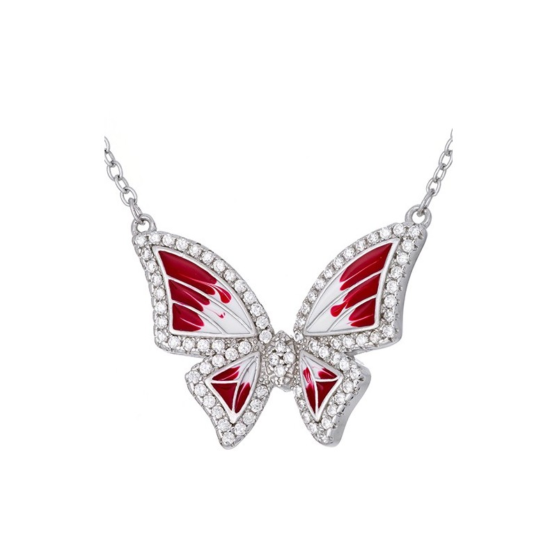 Naszyjnik motylek ze srebra 925 z ręcznie malowaną czerwono-białą emalią i cyrkoniami.