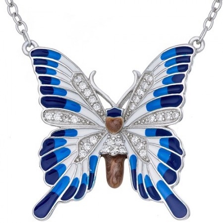 Naszyjnik ze srebra 925 z zawieszka o kształcie dużego motyla z kolorową emalią i cyrkoniami.