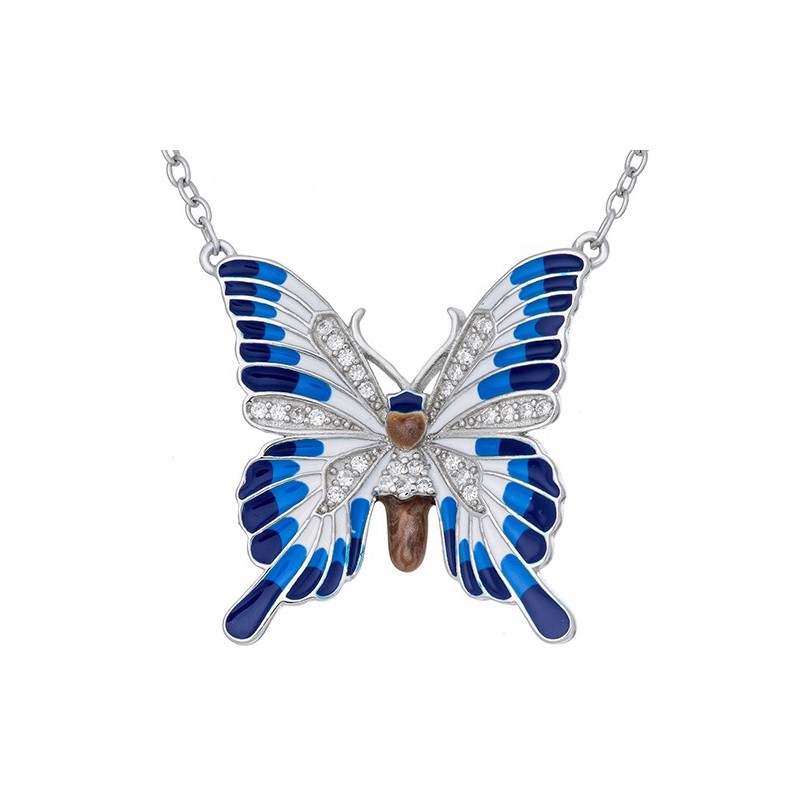 Naszyjnik ze srebra 925 z zawieszka o kształcie dużego motyla z kolorową emalią i cyrkoniami.