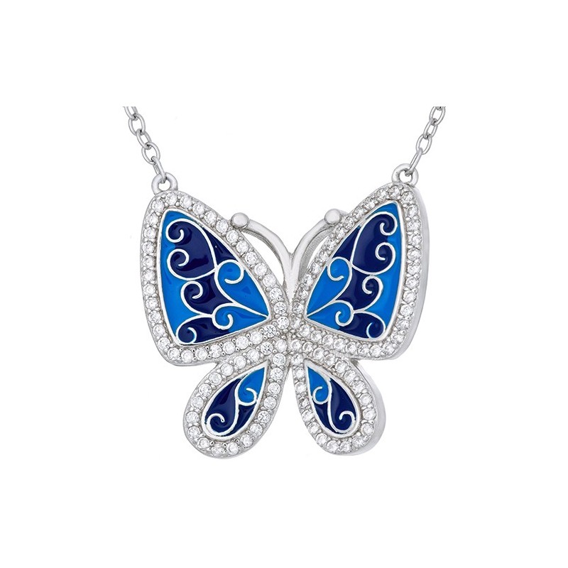 Naszyjnik ze srebra 925 z dużym motylem ręcznie malowanym emalią w niebieskich odcieniach i cyrkoniami.