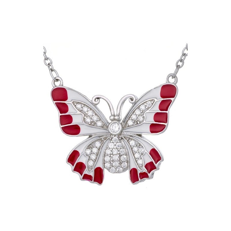 Naszyjnik ze srebra 925 o kształcie dużego motyla malowanego ręcznie emalia i cyrkoniami.