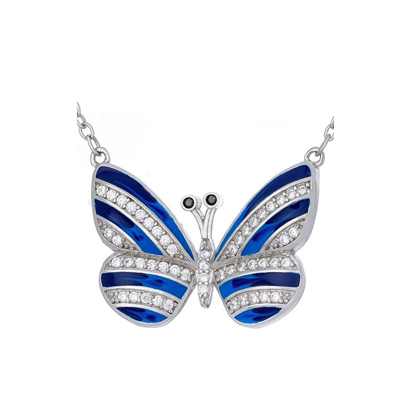 Naszyjnik motylek ze srebra 925 z ręcznie malowaną emalią w kolorze niebieskim i cyrkoniami.