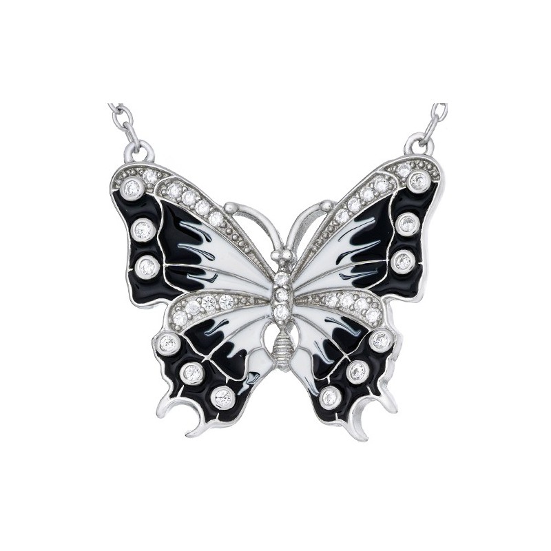 Naszyjnik motylek ze srebra próby 925 z ręcznie malowaną emalią w kolorze czarno-białym i cyrkoniami.