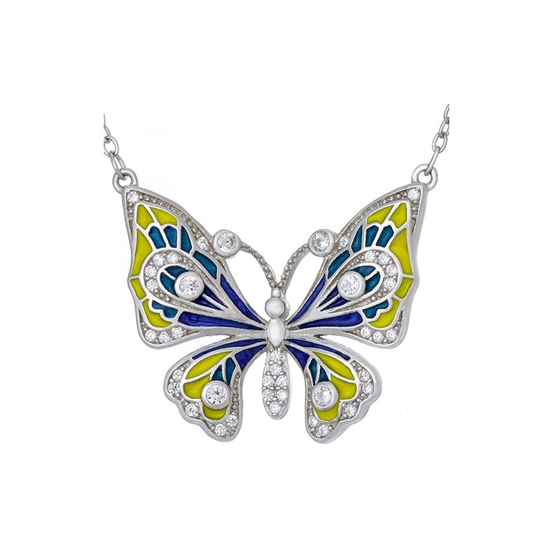 Piękny naszyjnik motylek z kolorową emalią ręcznie malowaną i cyrkoniami.