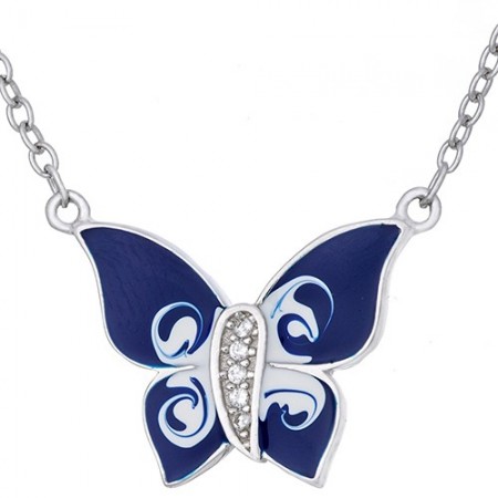 Piękny wisiorek motylek  ze srebra 925 z ręcznie malowaną kolorowa emalią  w kolorze niebiesko-białym i cyrkoniami.