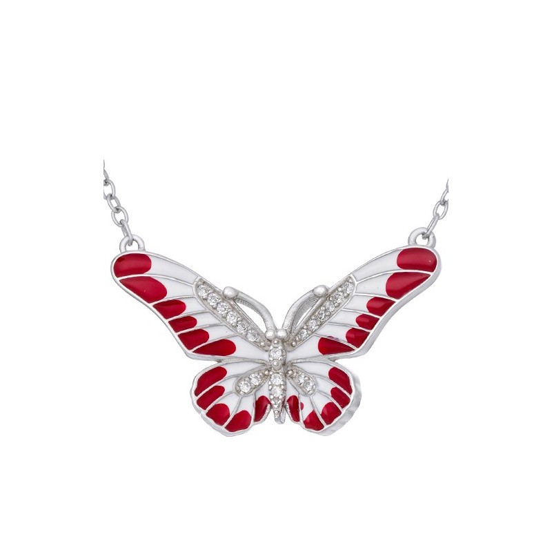 Piękny wisiorek motylek  ze srebra 925 z ręcznie malowaną kolorowa emalią  w kolorze czerwono-białym i cyrkoniami.