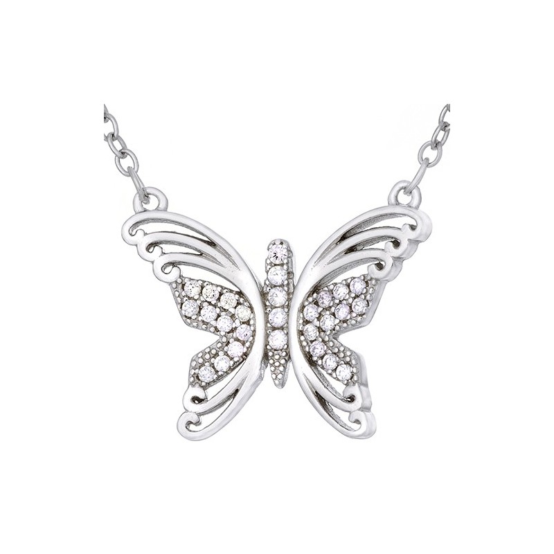 Naszyjnik ze srebra próby 925 o kształcie dużego motylka ozdobionego cyrkoniami.