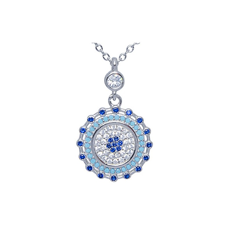 Naszyjnik ze srebra 925 z okrągłą zawieszka z kolorowymi cyrkoniami.