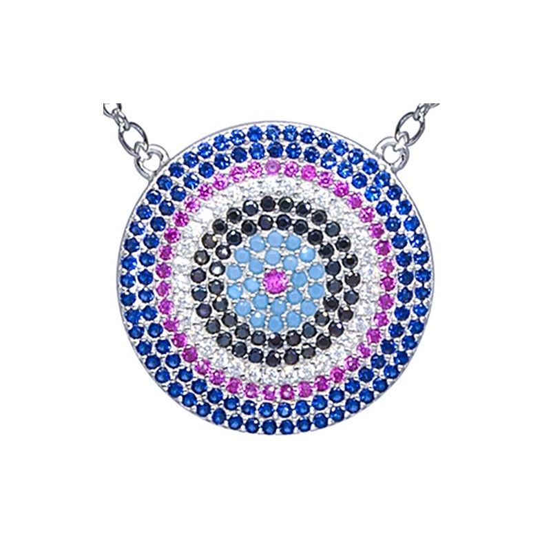 Naszyjnik ze srebra z dużą zawieszką o kształcie talerza z kilkoma rzędami kolorowych cyrkonii.