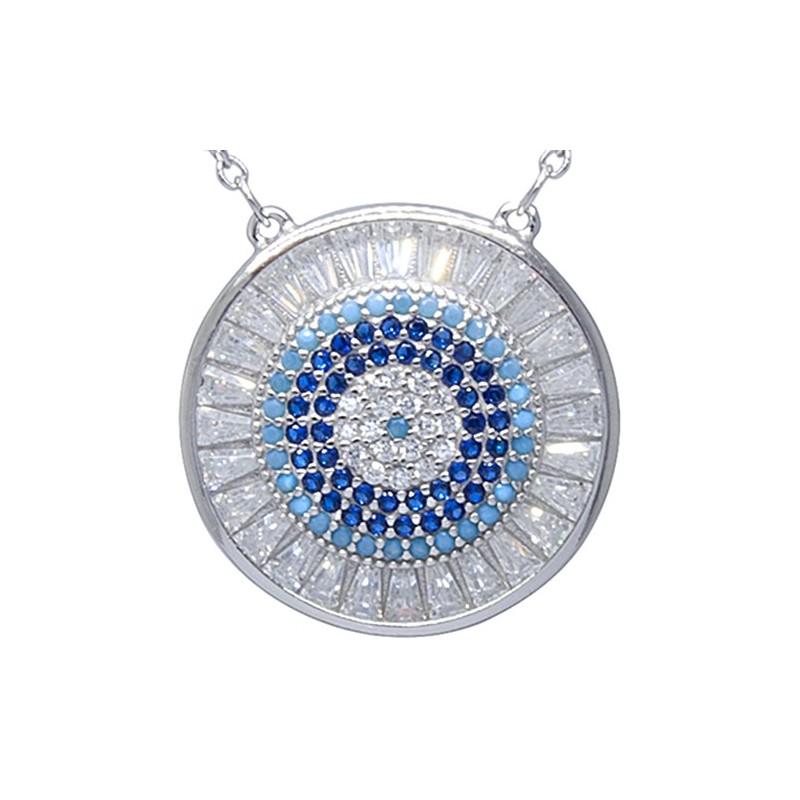 Piękny naszyjnik ze srebra 925 z duża zawieszką w kształcie talerza z kilkoma rzędami kolorowych cyrkonii.