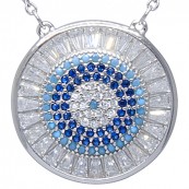 Piękny naszyjnik ze srebra 925 z duża zawieszką w kształcie talerza z kilkoma rzędami kolorowych cyrkonii.
