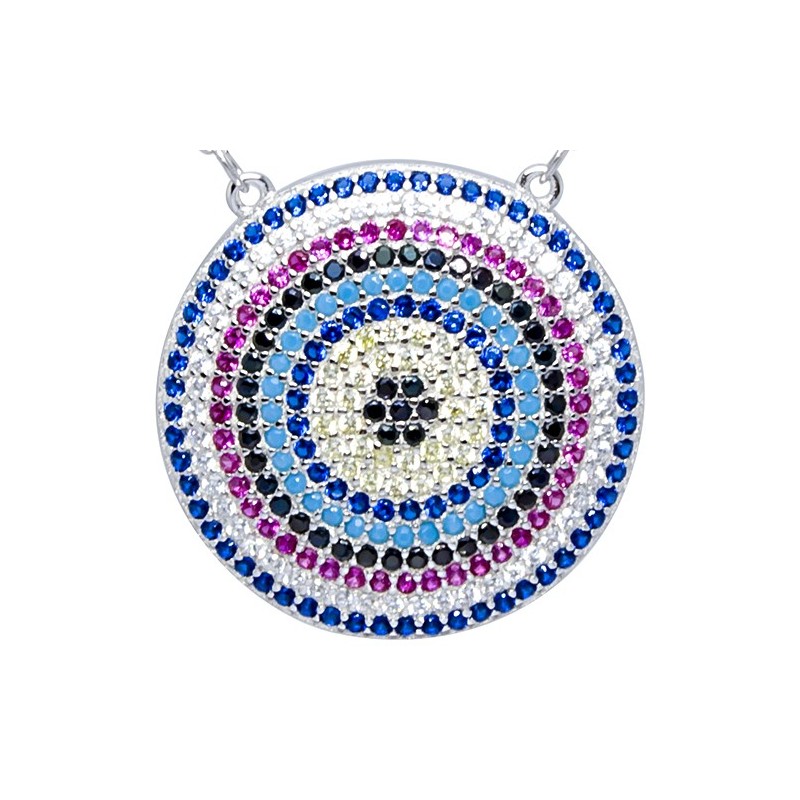 Duzy naszyjnik ze srebra 925 z zawieszką o kształcie talerza  z 9 rządami kolorowych cyrkonii.