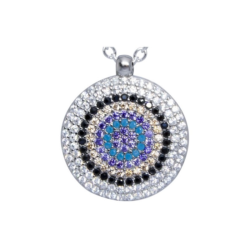 Piękny naszyjnik ze srebra 925 z zawieszką w kształcie talerza z ośmioma rządami kolorowych cyrkonii.