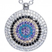 Piękny naszyjnik ze srebra 925 z zawieszką w kształcie talerza z ośmioma rządami kolorowych cyrkonii.
