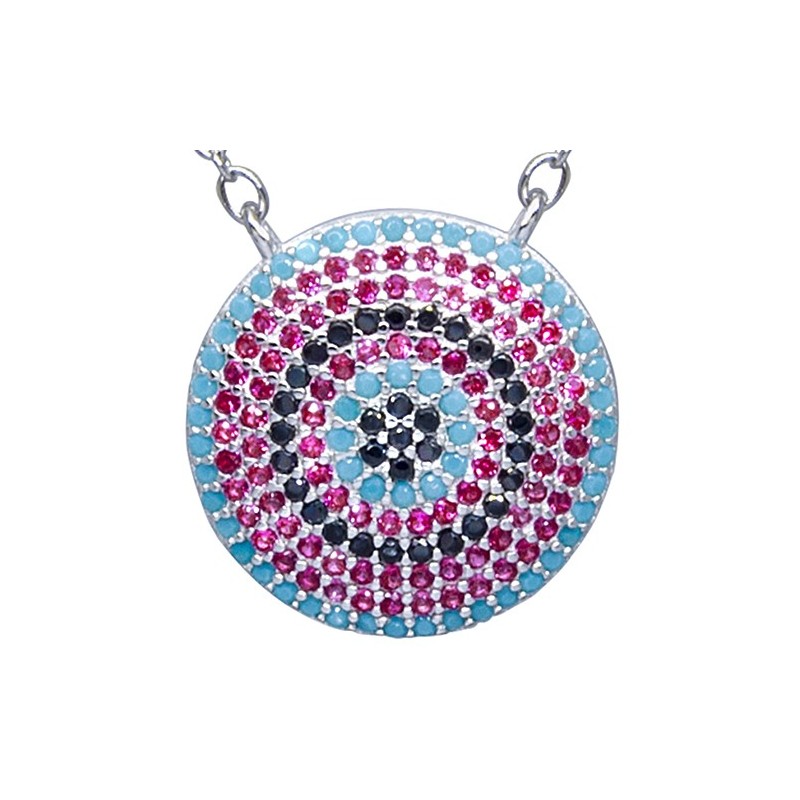 Naszyjnik ze srebra próby 925 z dużą okrągłą zawieszką z kilkoma rzędami kolorowych cyrkonii.