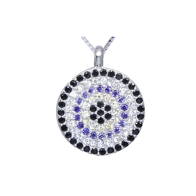 Naszyjnik ze srebra 925 z okrągłą płaską zawieszka z kilkoma rządami korowych cyrkonii.