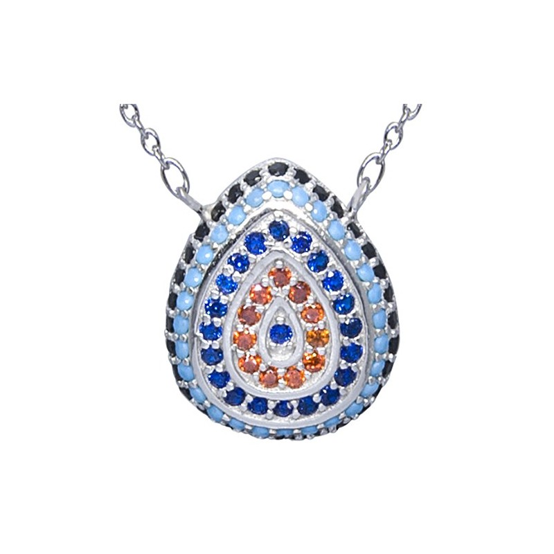 Naszyjnik ze srebra próby 925 z zawieszka w kształcie łezki z kilkoma rzędami kolorowych cyrkonii.