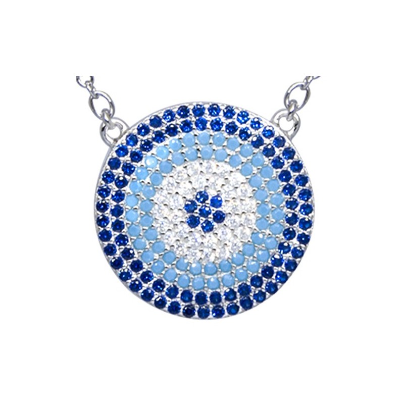 Naszyjnik ze srebra 925 z dużą zawieszką w kształcie talerza z kilkoma rzędami kolorowych cyrkonii.