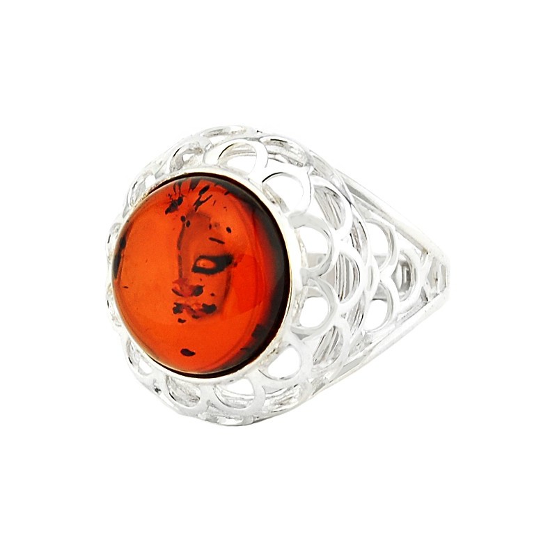 Pierścionek srebrny  925 typu ażurowy koszyczek z naturalnym koniakowym buresztynem.