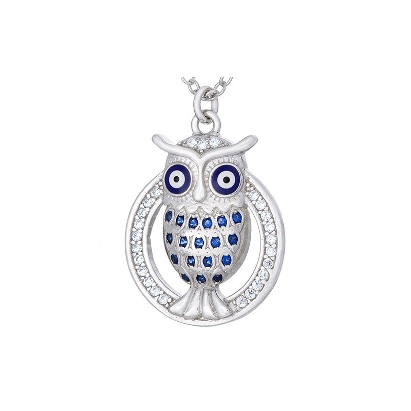 Naszyjnik srebrny 925 sowa z niebieską emalią i cyrkoniami.
