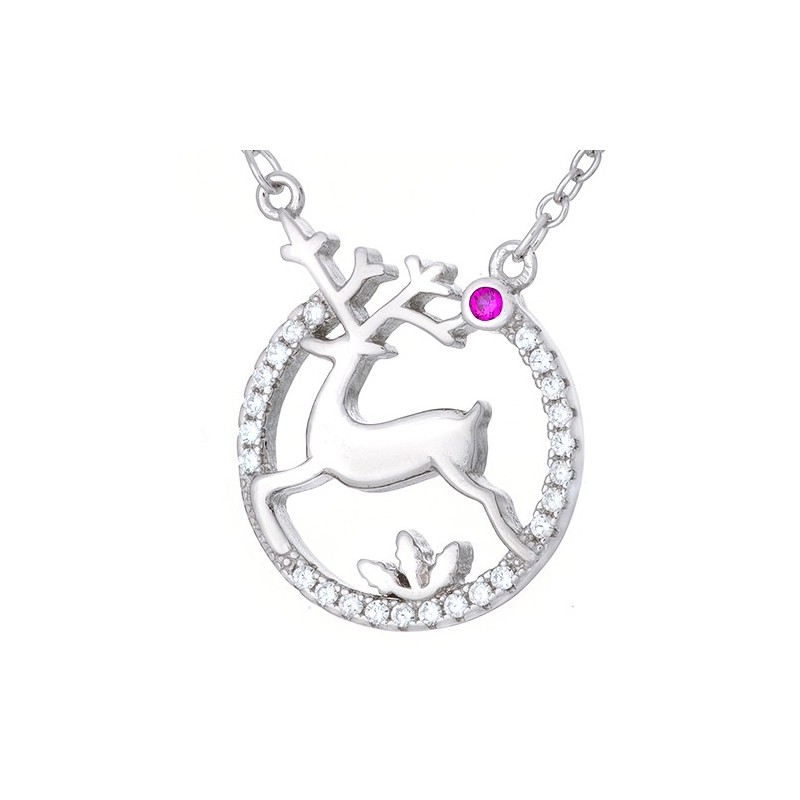 Naszyjnik ze srebra 925 z zawieszką w okrągłym kształcie z cyrkoniami i reniferem w środku. reniferem