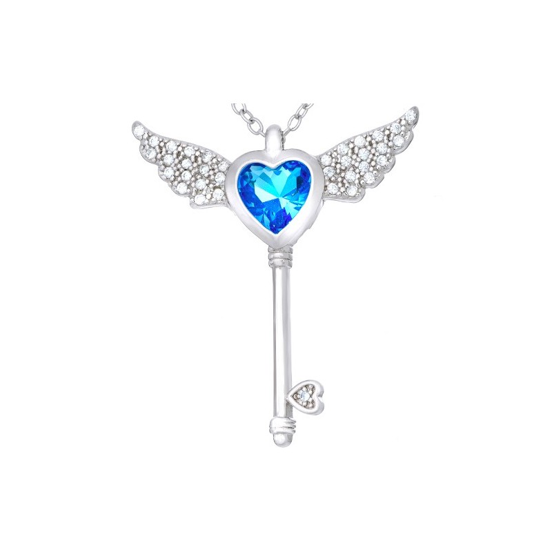 Naszyjnik srebrny  próby 925 serce kluczyk z cyrkoniami i rozłożystymi skrzydłami.