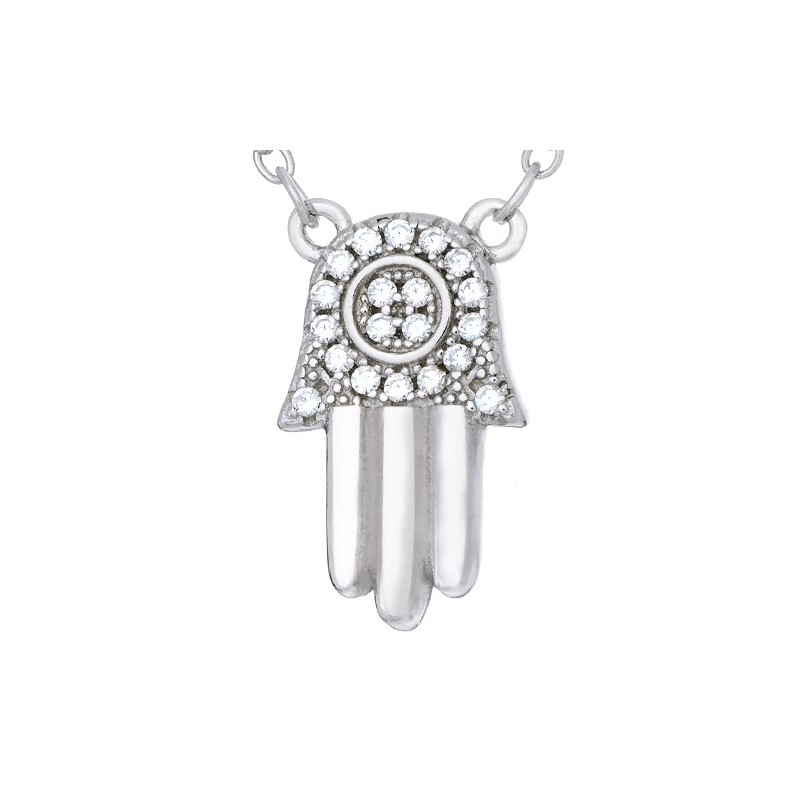 Naszyjnik wykonany ze srebra 925 z  zawieszką ręki Fatimy ozdobionej cyrkoniami.