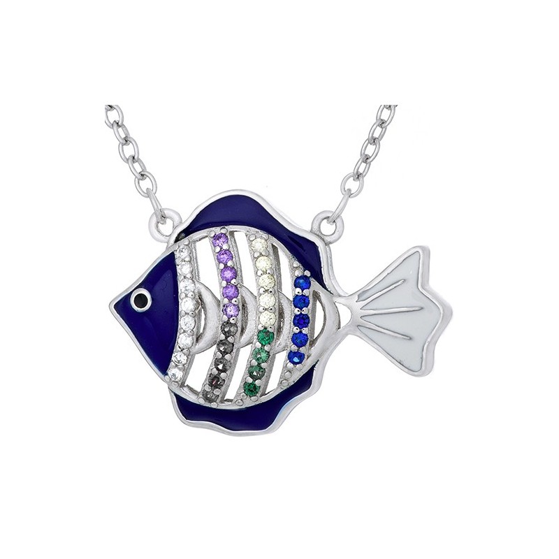 Naszyjnik srebrny próby 925  z niebieską emalią i cyrkoniami o kształcie rybki.