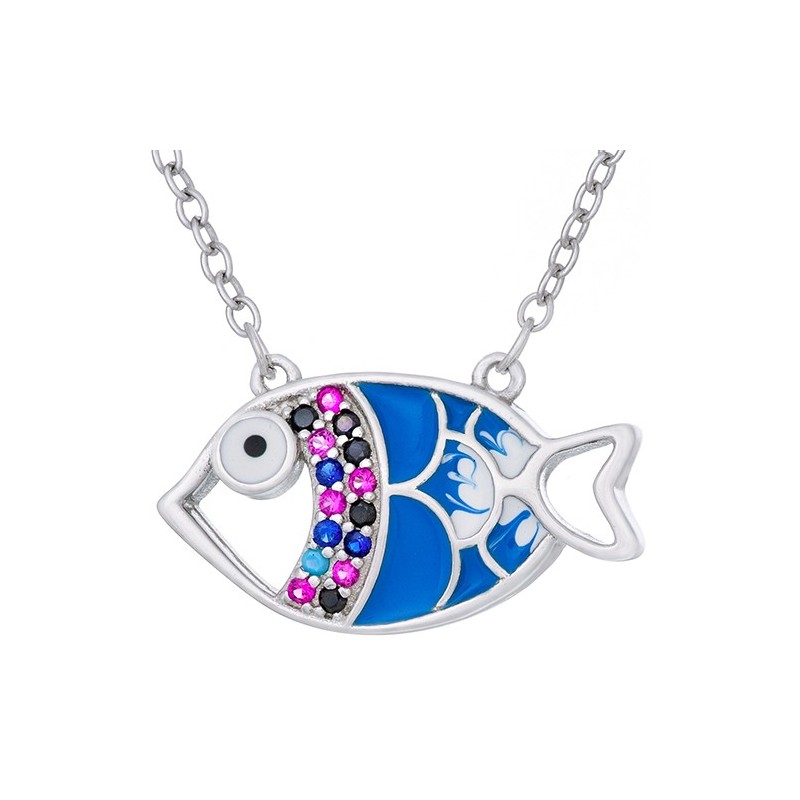Naszyjnik srebrny próby 925 z biało-niebieską emalią i kolorowymi cyrkoniami o kształcie rybki.