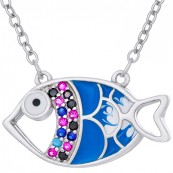 Naszyjnik srebrny próby 925 z biało-niebieską emalią i kolorowymi cyrkoniami o kształcie rybki.