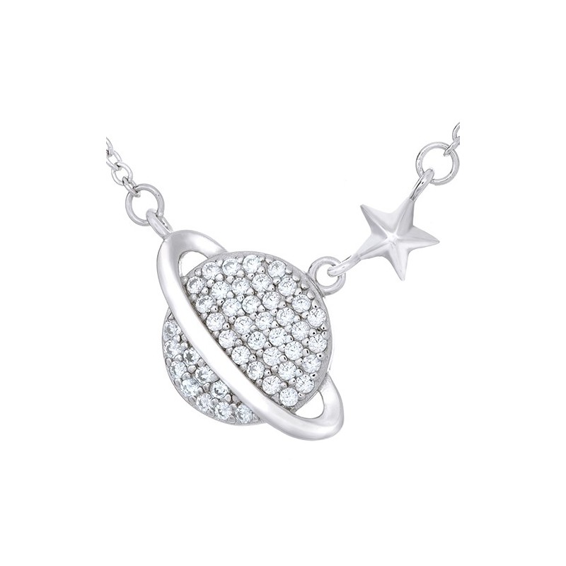 Naszyjnik srebrny próby 925 celebrytka o kształcie planety z cyrkoniami i gwiazdki.