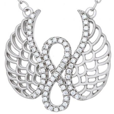 Naszyjnik srebrny 925 celebrytka o kształcie znaku nieskończoność połączonej ze skrzydłami i cyrkoniami.